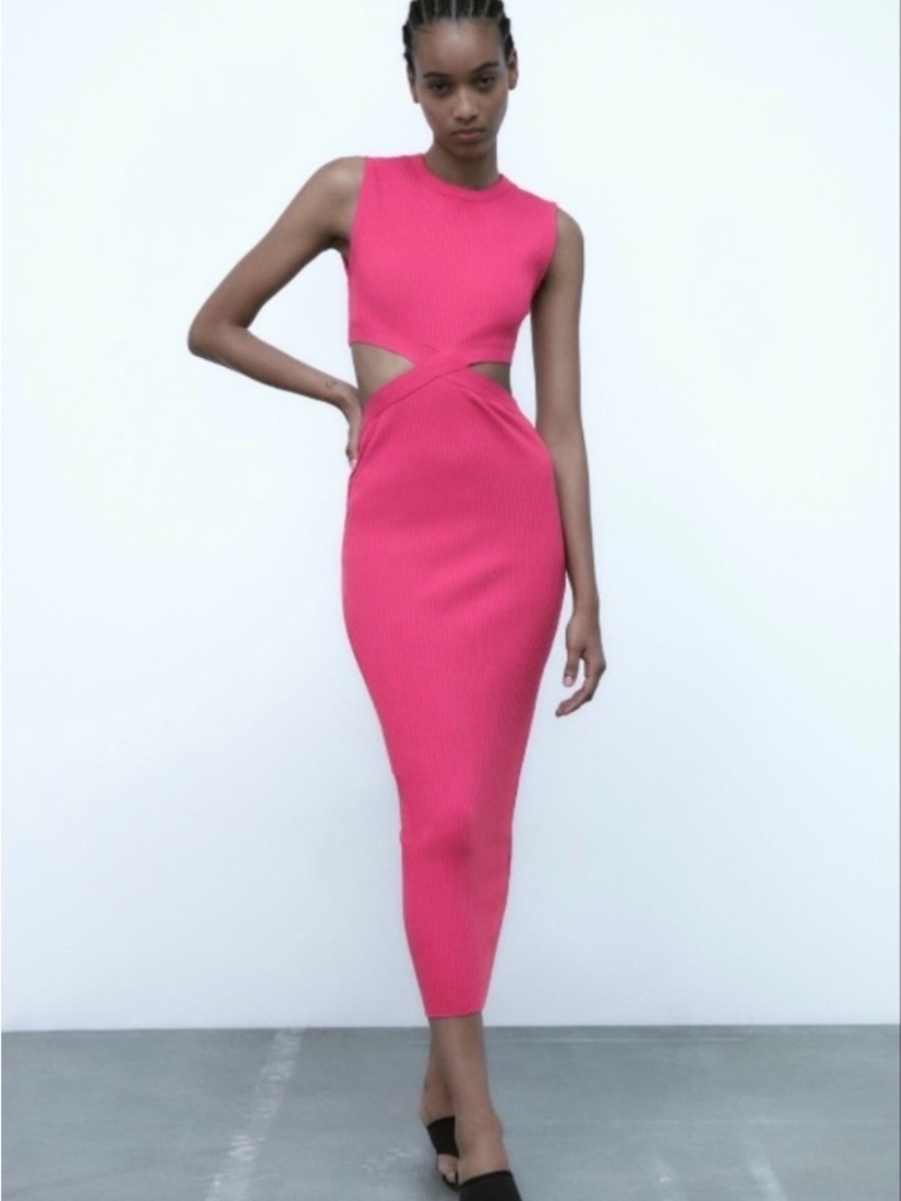 Zara Hot Pink Cutout Ribbed Midi Dress